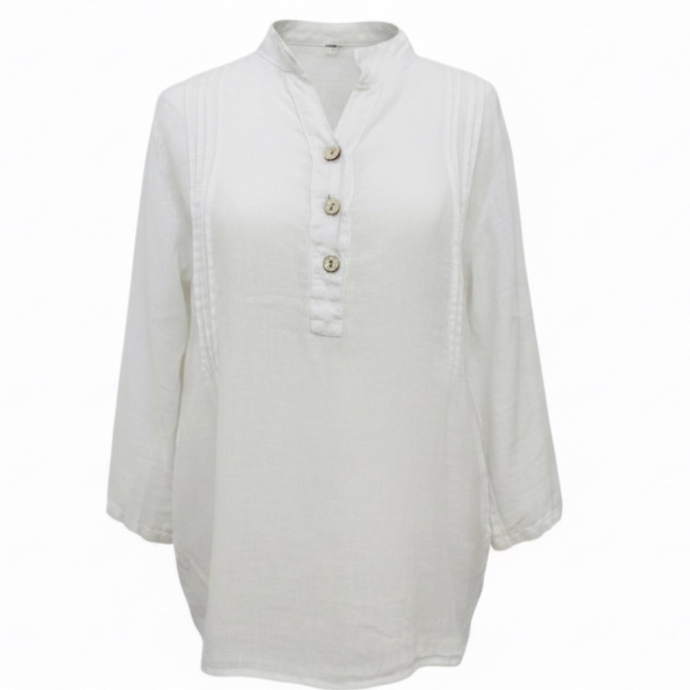 Viola Borghi Italy 100% Linen White Tunic Blouse M Pintuck 3/4 Sleeve